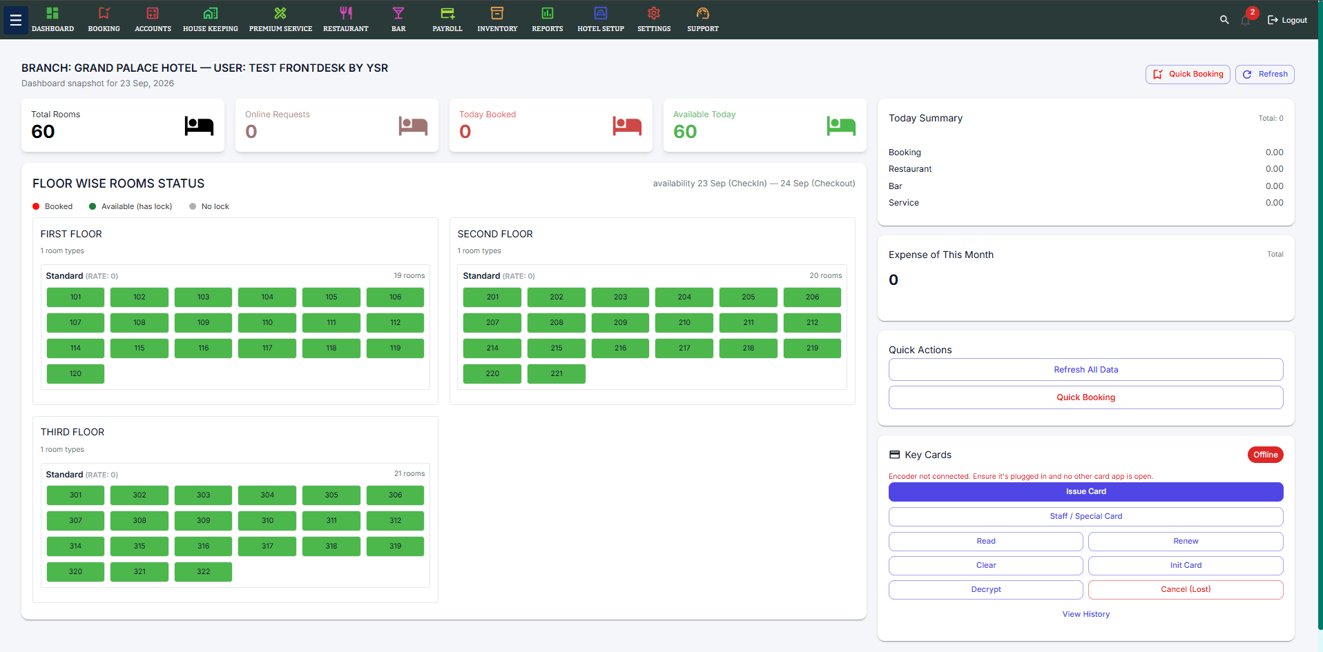 The Ovlox HMS dashboard showing floor-wise room status.