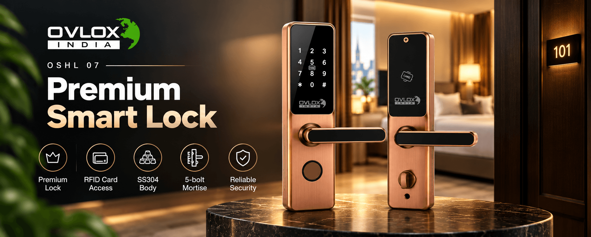 Ovlox India OSHL 07 Premium Smart Lock — premium lock, RFID card access, SS304 body, 5-bolt mortise, reliable security.