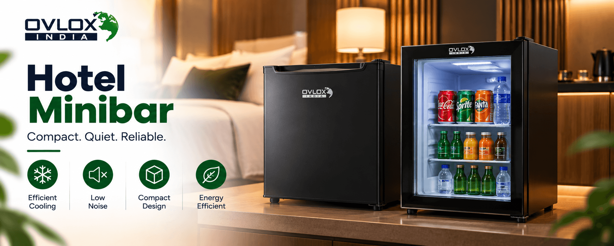 Ovlox India Hotel Minibar — Compact. Quiet. Reliable. Efficient cooling, low noise, compact design, energy efficient.