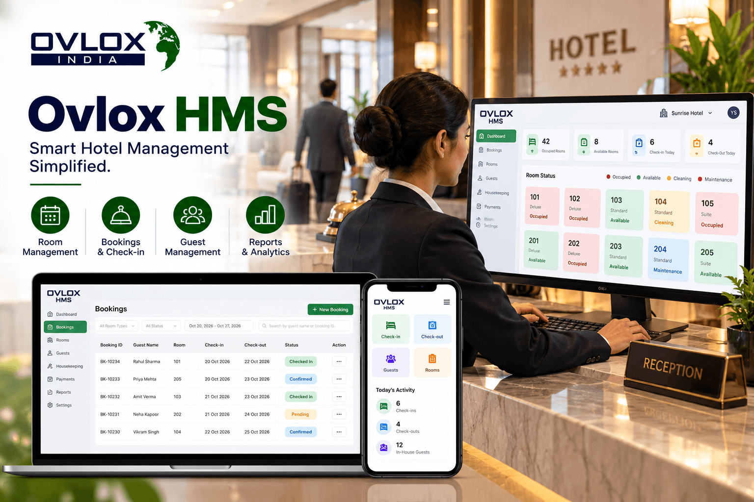Ovlox HMS at a hotel front desk on a monitor, laptop and phone, showing room status and bookings.