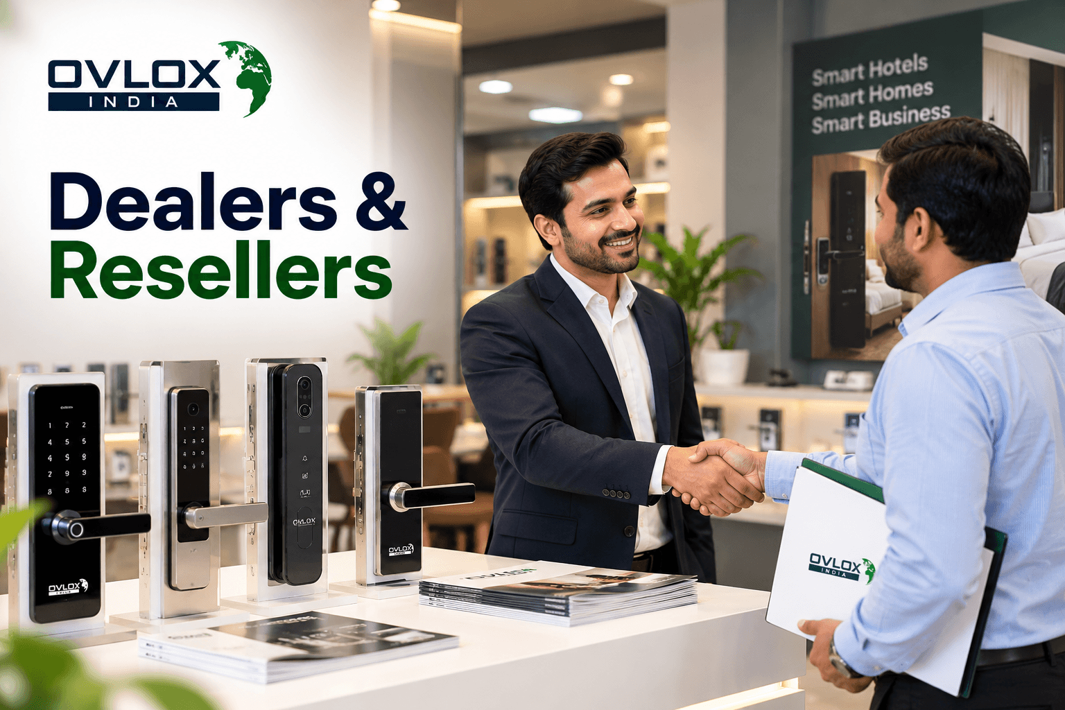 An Ovlox India partner shaking hands with a dealer beside a display of Ovlox India smart locks.