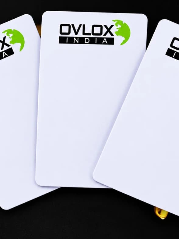 Three white Ovlox India RFID key cards on a dark background.