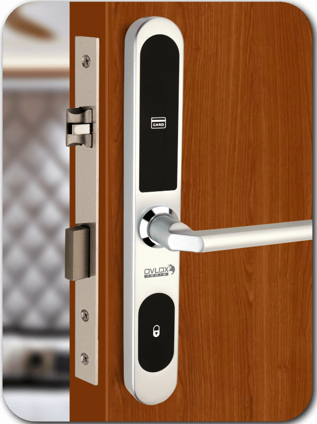 Ovlox India OSHL-04 compact hotel door lock shown on a door.