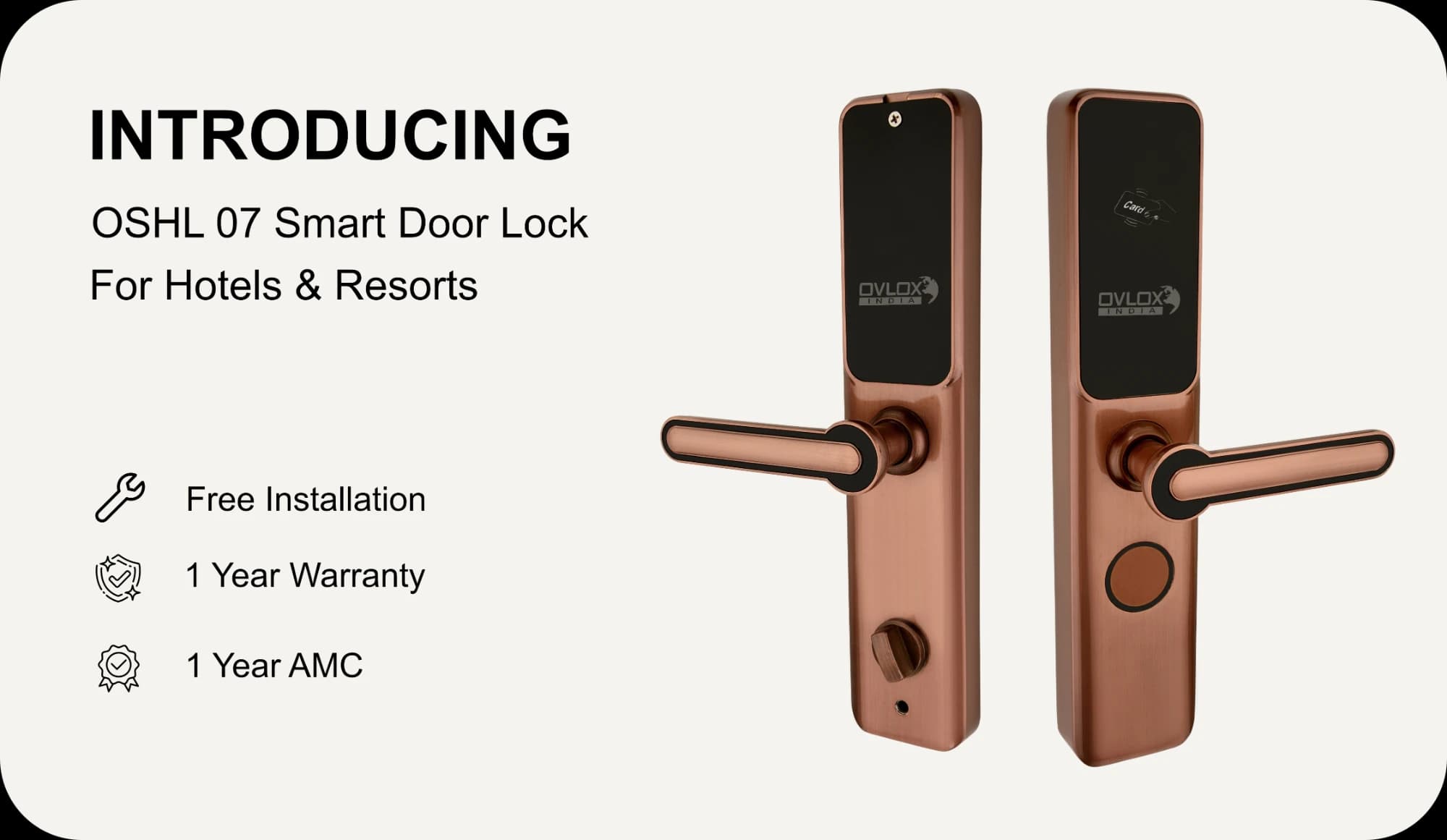 Introducing the Ovlox India OSHL-07 smart door lock for hotels and resorts, shown from both sides in the red bronze finish, with free installation, one year warranty and one year AMC.