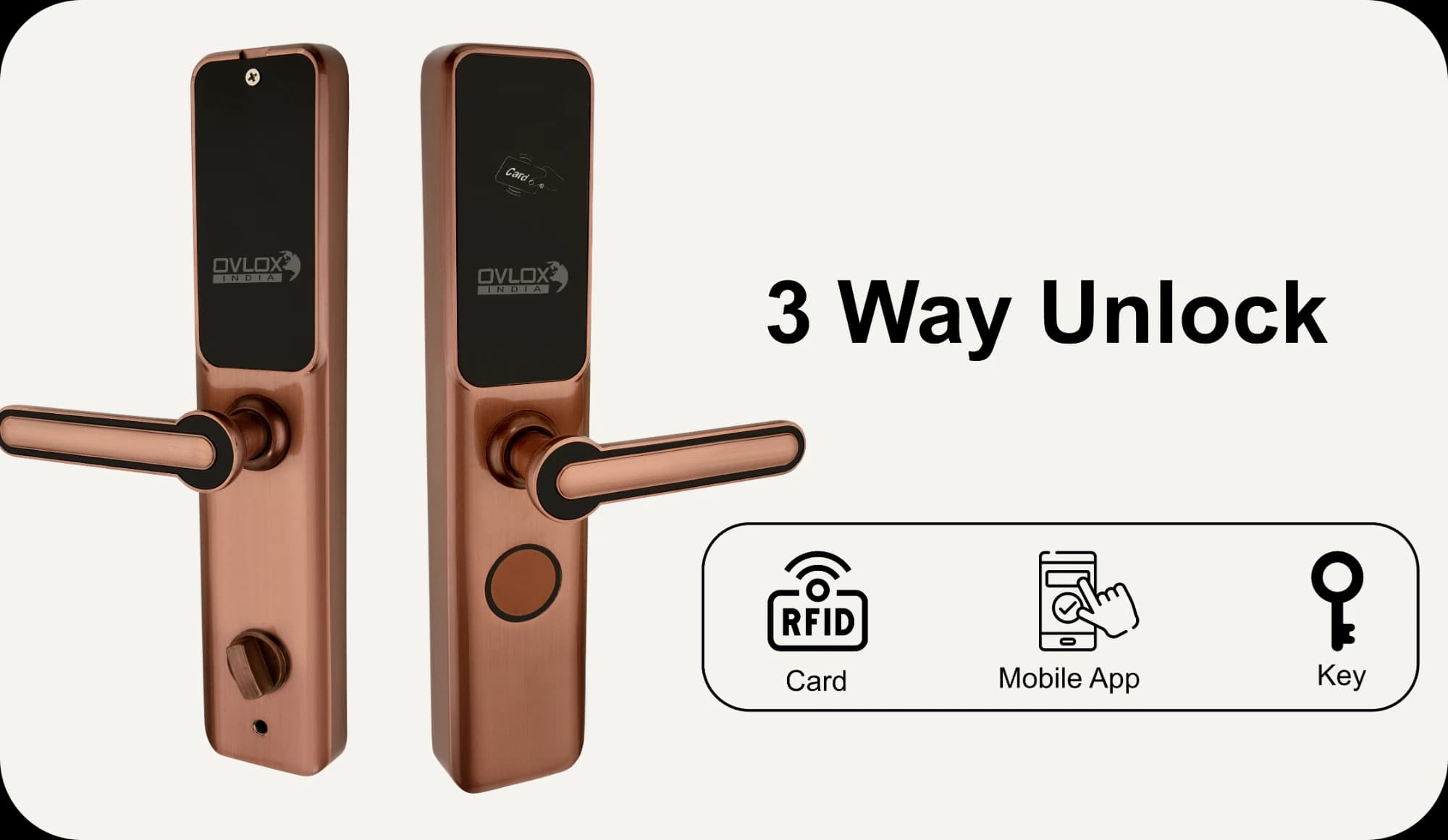 The Ovlox India OSHL-07 Premier lock seen from both sides, beside its three ways to unlock: an RFID card, the mobile app, and a mechanical key.