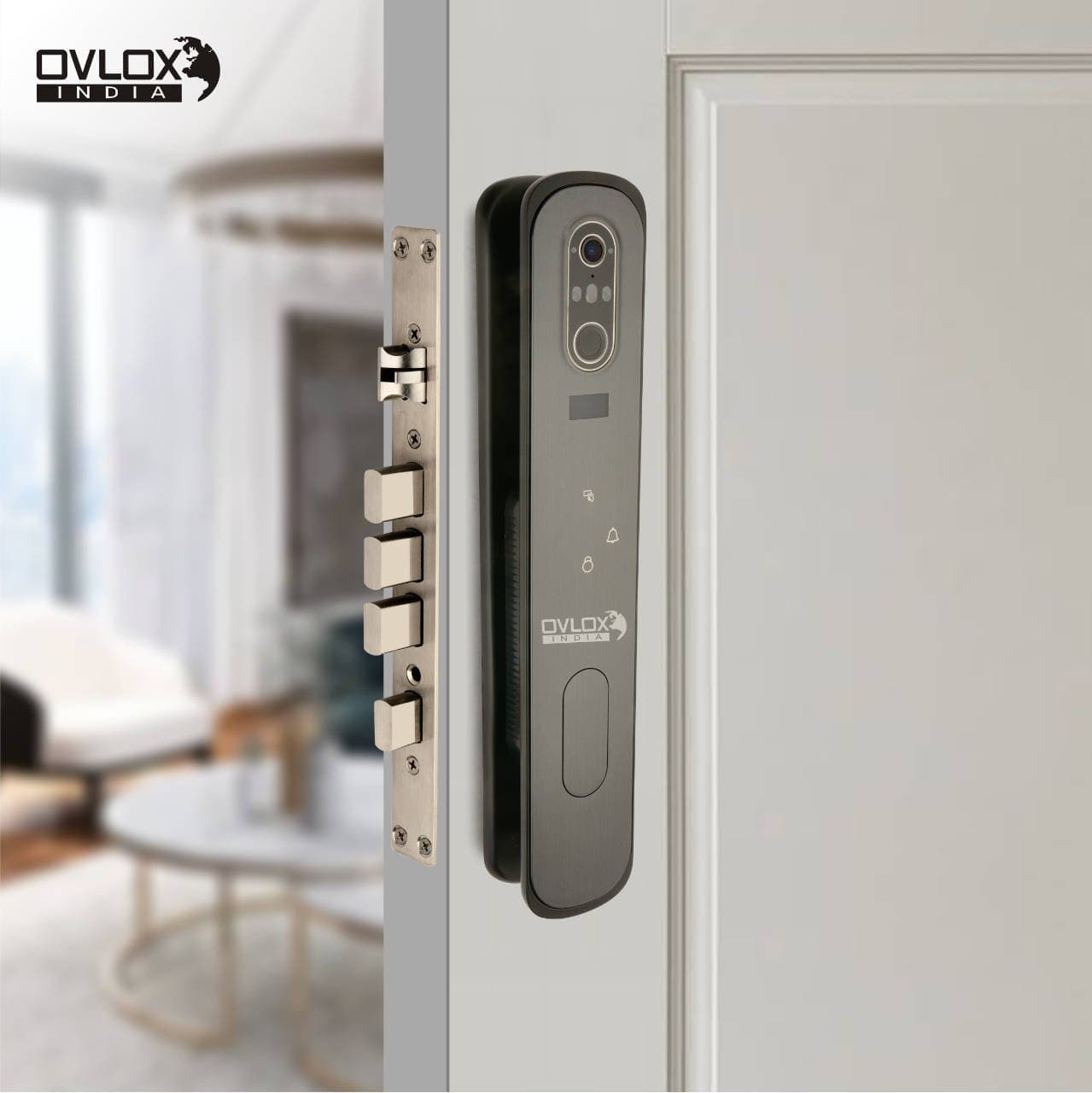 An Ovlox India face-recognition lock with camera and fingerprint reader.