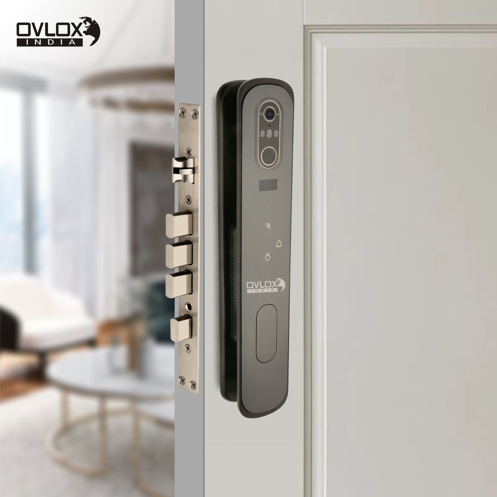An Ovlox India smart lock on a white apartment door.