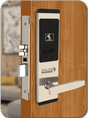 Ovlox India OSHL-01 hotel smart door lock in silver, shown on a guest-room door.