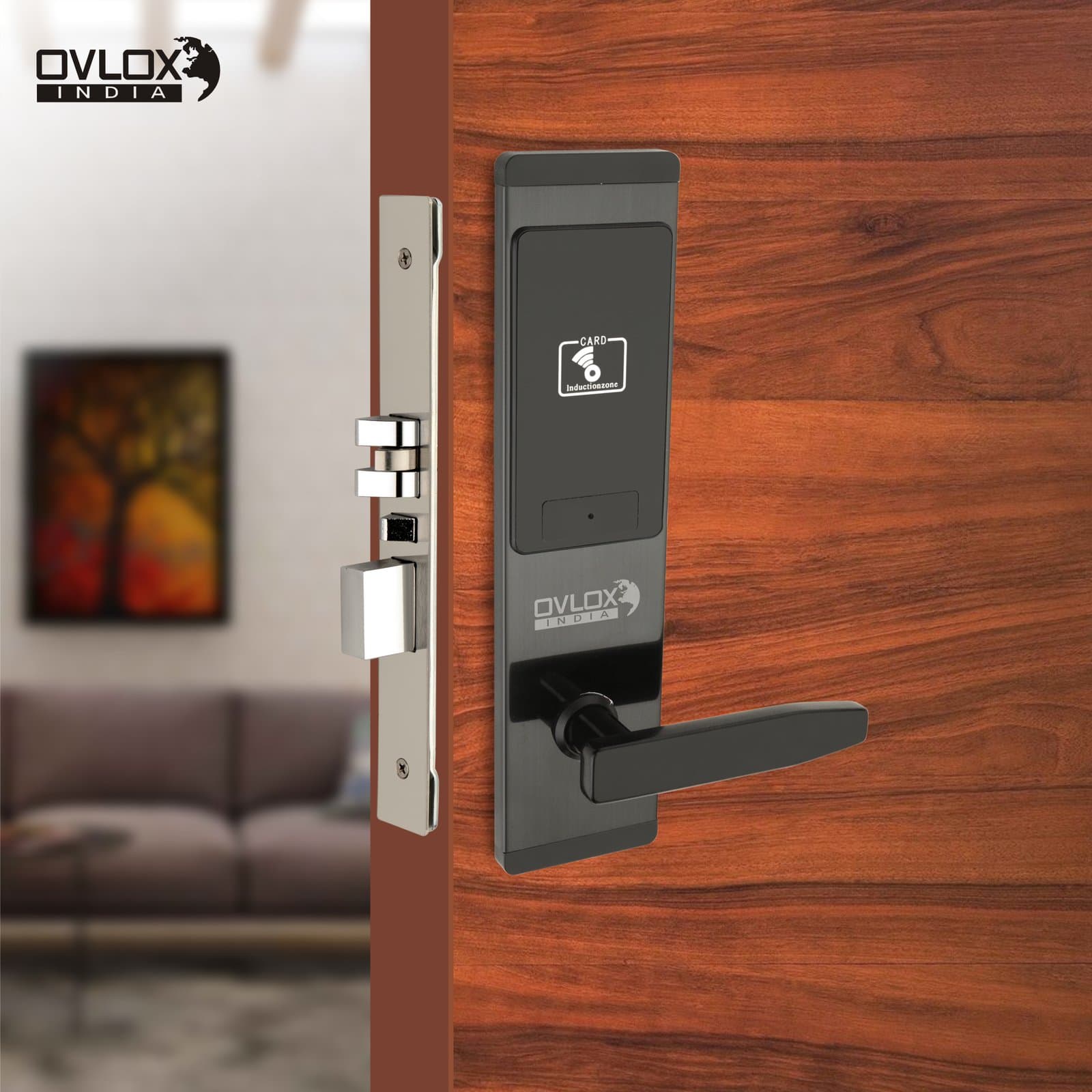 An Ovlox India card-access lock fitted to a hotel guest-room door.