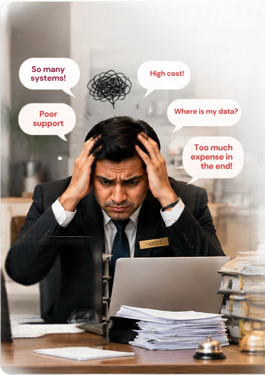 A hotel manager at a reception desk with his head in his hands, surrounded by stacked binders and paperwork, thinking: so many systems, high cost, poor support, where is my data, too much expense in the end.